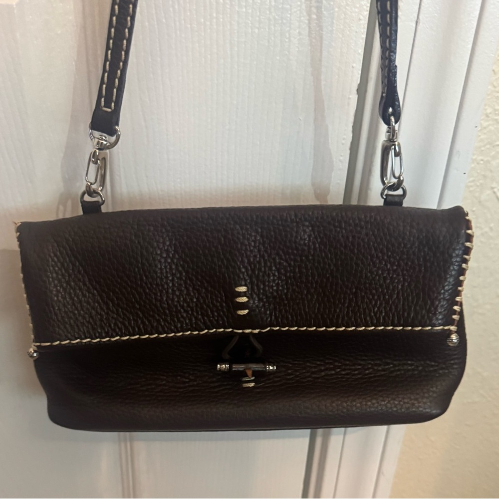 Brighton Brown Pebbled Leather Crossbody Clutch Fold Over White Stitch Bag